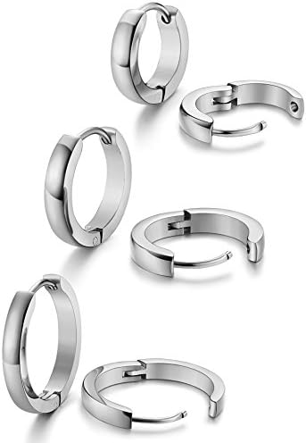 3Pairs Silver Hoop Earrings for Men Women Stainless Steel...