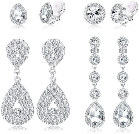 4 Pairs Silver Clip on Earrings for Women Elegant...