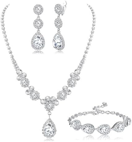 Rhinestone Bridal Jewelry Set Necklace Bracelet Clip On...