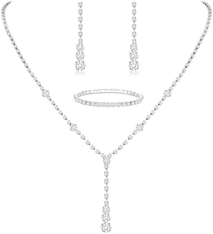 Silver Bridal Necklace Earrings Bracelet Set for Brides...