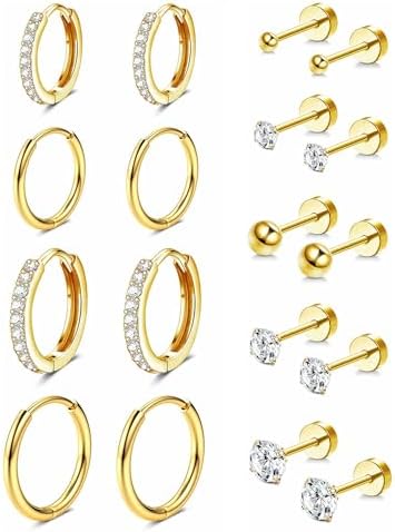 Small 14K Gold Plated Hoops and Flat Back Stud Earrings Set